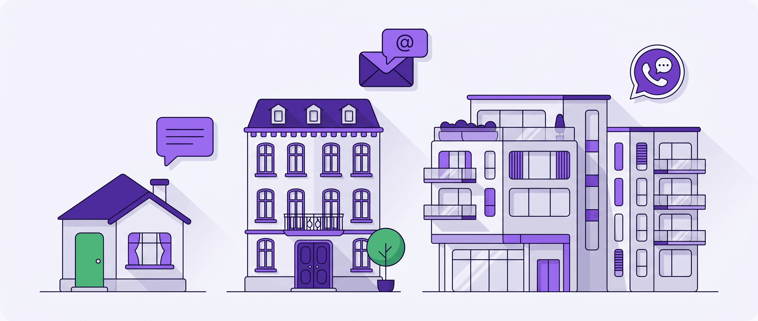 Illustration: single-family home, apartment building and modern residential complex receiving tenant requests via WhatsApp, SMS and email